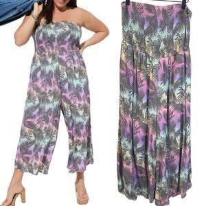 Torrid Crop Gauze Smocked Strapless Beach Jumpsuit Colorful Pastel Palm Leaf 1X